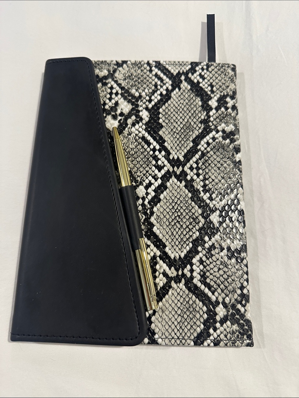 FAUX PYTHON AND BLACK NOTEBOOK WITH GOLD PEN